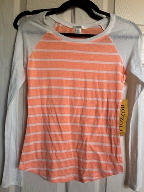 Bozzolo Coral and White Striped Raglan Tee, Size Small